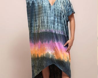 Boho Tie Dye Rayon Kaftan Dress | Maxi Kimono, Plus Size Loungewear