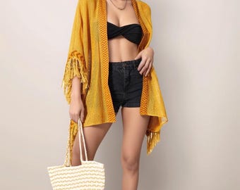 Handmade Cotton Boho Kimono – Fringe Beach Cover Up, Mustard & Brown