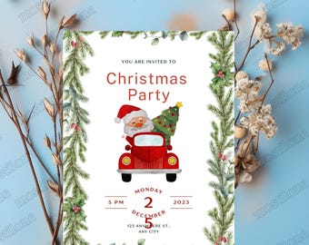 Santa Car Christmas Party Invitation, Editable Canva Template (Digital invite)