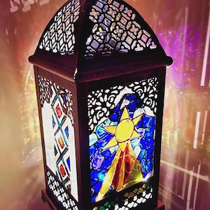 Handmade Stained Glass Lantern: Fantasy Castle, Book & Sun Design