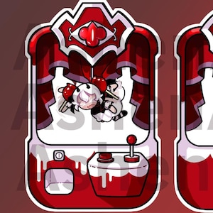 Peut inclure: Autocollant de machine à griffes rouge et blanc avec vues avant et arrière. La vue de face montre un personnage à l'intérieur. Comprend trois petits breloques rouges et deux autres breloques de personnages, toutes d'environ 2,5 cm.