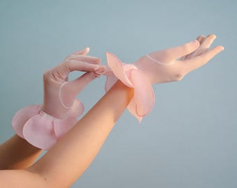 Sheer Mesh Gloves with Petal Pink Organza Floral Cuffs