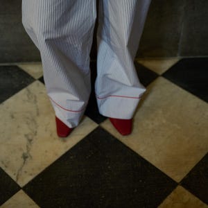 Striped Cotton Wide Leg Lounge Pants with Red Piping