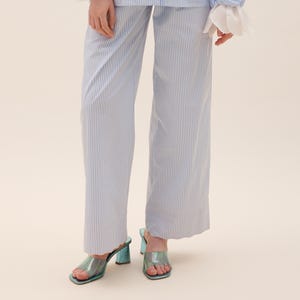Striped Cotton Wide Leg Lounge Pants: Elegant Blue Piping, Foldable Pink Cuff