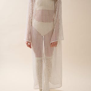 Silk Trim Mesh Dress  Sheer Oversized Maxi Dress  Lightweight See Through Blouse Dress