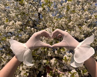 Sheer Mesh Gloves with Petal Pink Organza Cuffs - Bridal Accessories