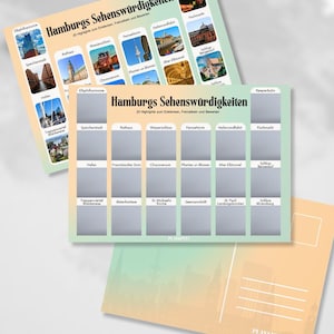 Könnte beinhalten: Drei Rubbel-Reiseplakate mit dem Text "Hamburgs Sehenswürdigkeiten" und Bildern von Hamburger Sehenswürdigkeiten. Die Poster sind in Orange-, Grün- und Weißtönen gehalten. Unten ist eine Postkarte mit einer Stadtillustration zu sehen.