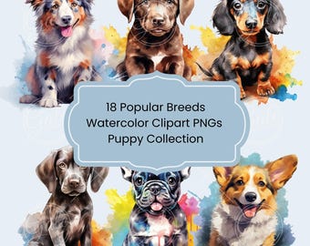 Watercolor Puppy Clipart Bundle – 18 Popular Dog Breeds PNG – Cute Printable Sublimation Dog Clip Art