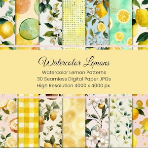 Watercolor Lemon Seamless Pattern Bundle – Citrus Fruit Summer Backgrounds for Fabric, Scrapbooking, Crafts & Packaging