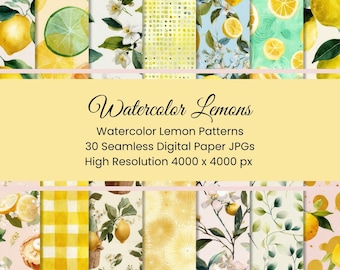 Watercolor Lemon Seamless Pattern Bundle – Citrus Fruit Summer Backgrounds for Fabric, Scrapbooking, Crafts & Packaging