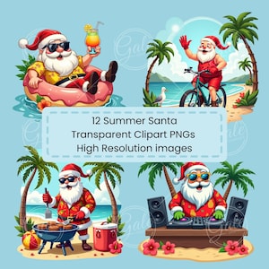 Summer Santa Clipart Bundle – 12 High-Resolution PNG Images with Transparent Background – Beach Christmas Digital Download