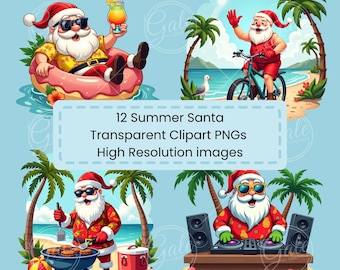 May include: A collection of summer-themed Santa Claus illustrations. Santa is depicted in various beach settings, including relaxing in a float, riding a bike, grilling, and DJing. The image includes text that reads "12 Summer Santa Transparent Clipart PNGs High Resolution images."