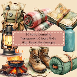 Attrezzatura da campeggio vintage – PNG per escursioni e avventure – Clip art di viaggi all'aperto – Grafica a sublimazione digitale