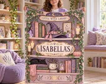 Cottagecore Witch Flannel Blanket,Custom Name Library Throw,Purple Books and Botanicals,Enchanted Reading Nook Decor,Fantasy Book Lover Gift