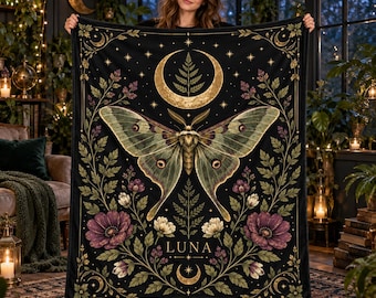 Custom Luna Moth Blanket,Personalized Name Moon and Stars Throw,Whimsigoth Bedroom Decor,Dark Academia Gift,Celestial Moth Bedding,Cozy Gift