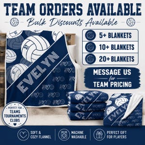 May include: A navy blue and white fleece blanket featuring a repeating pattern of volleyballs and hearts, with the name EVELYN printed in a diagonal white stripe. The blanket includes text about team orders, bulk discounts, and machine washability.