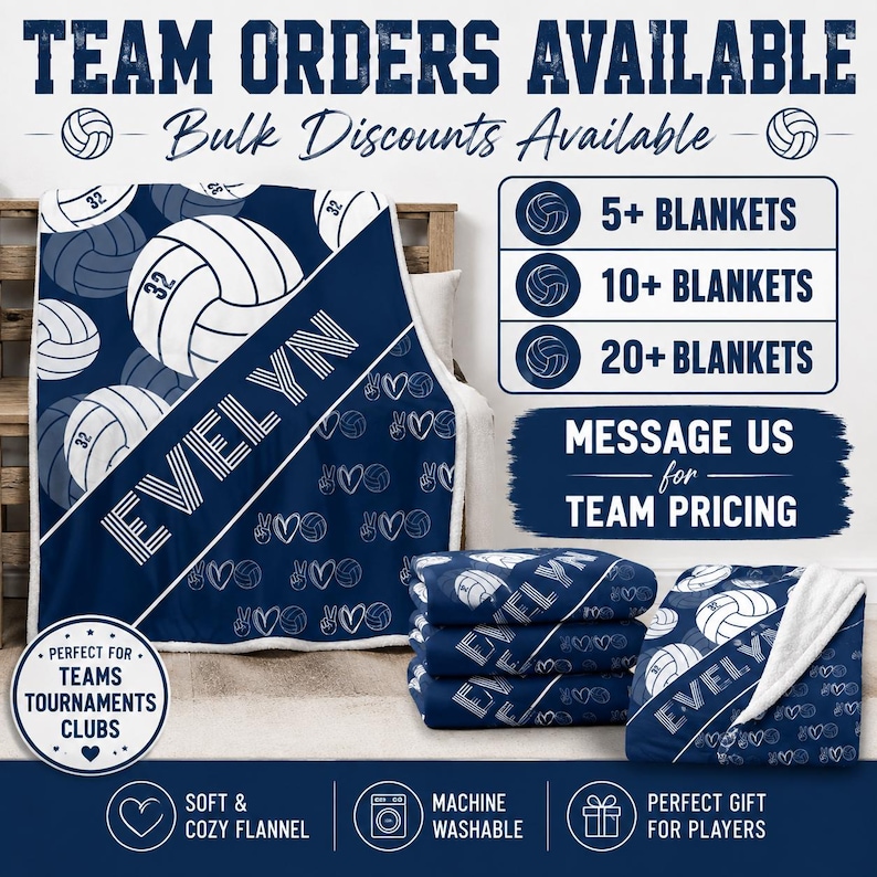 May include: A navy blue and white fleece blanket featuring a repeating pattern of volleyballs and hearts, with the name EVELYN printed in a diagonal white stripe. The blanket includes text about team orders, bulk discounts, and machine washability.