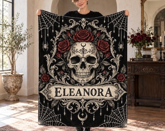 Gothic Rose Flannel Blanket,Personalized Name Skull Throw,Victorian Spiderweb Decor,Dark Romantic Halloween Gift for Women,Goth Home Accent