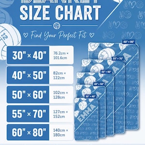May include: A blue blanket size chart featuring volleyball graphics and the text BLANKET SIZE CHART. It lists dimensions in inches and centimetres for five sizes: 30" x 40", 40" x 50", 50" x 60", 55" x 70", and 60" x 80" with corresponding visual examples.
