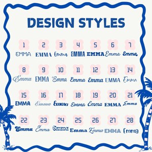 May include: A white chart titled DESIGN STYLES in blue text, featuring twenty-eight numbered options of the name Emma in various blue fonts. The chart is framed by a blue wavy border with blue palm tree illustrations in the bottom corners.
