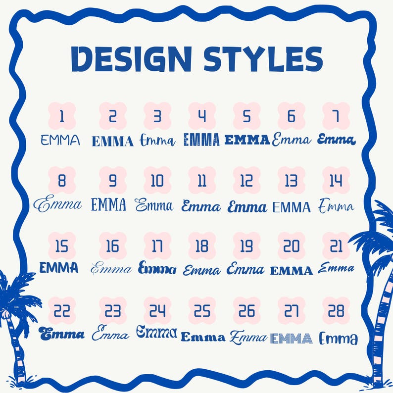 May include: A white chart titled DESIGN STYLES in blue text, featuring twenty-eight numbered options of the name Emma in various blue fonts. The chart is framed by a blue wavy border with blue palm tree illustrations in the bottom corners.