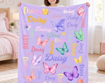 Custom Butterfly Name Blanket,Personalized Flannel Throw for Kids,Butterfly Lover Gift,Birthday Present,Christmas Bedroom Keepsake