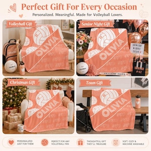 May include: A coral-coloured fleece blanket featuring a repeating white volleyball pattern and the name OLIVIA printed in a diagonal white stripe. The blanket is displayed in four different settings, including a chair, a bench, and near holiday decor.