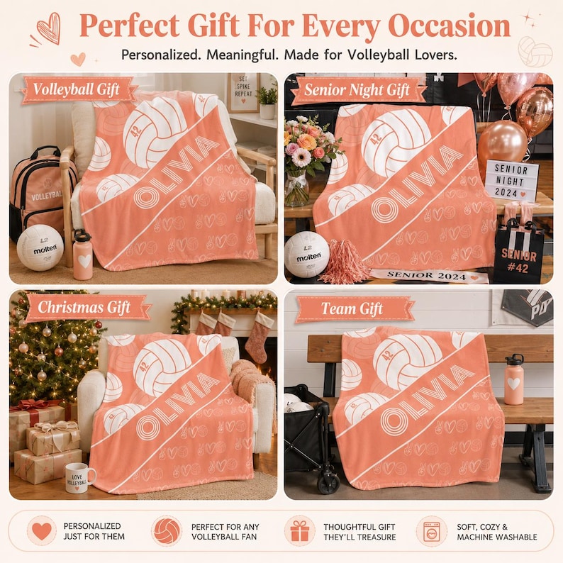 May include: A coral-coloured fleece blanket featuring a repeating white volleyball pattern and the name OLIVIA printed in a diagonal white stripe. The blanket is displayed in four different settings, including a chair, a bench, and near holiday decor.