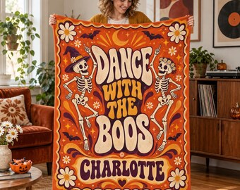 Groovy Halloween Flannel Blanket,Custom Name Skeleton Throw,Retro Orange Daisy Decor,70s Inspired Fall Style,Cozy Gift for Halloween Lovers