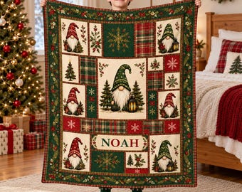 Personalized Christmas Gnome Blanket,Custom Name Flannel Throw,Patchwork Holiday Decor,Scandinavian Gift,Christmas Keepsake,Winter Accent