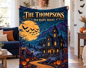 Haunted House Flannel Blanket,Personalized Family Name Halloween Throw,Full Moon and Bats Decor,Our Happy Haunt Gift for Spooky Season