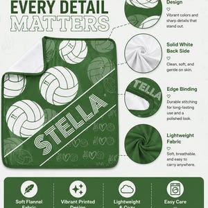 May include: A green blanket featuring a repeating white volleyball pattern and the name STELLA in a white striped font. The blanket has a solid white back, durable edge binding, and is made of a soft, lightweight flannel fabric that is machine washable.