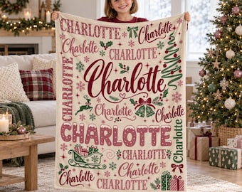Repeating Name Christmas Flannel Blanket,Personalized Holiday Throw,Custom Name Christmas Gift,Snowflake Tree Decor,Gift for Girls and Teens