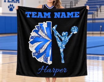 Personalized Cheerleader Blanket,Custom Name Flannel Throw,Team Gifts,Glitter Pom Pom Design,Senior Cheer Keepsake,Competition Cheer Decor