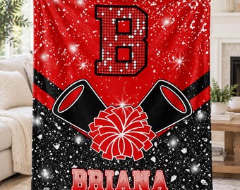 Cheer Team Gift Blanket,Custom Name Initial Throw,Personalized Squad Keepsake,Printed Sparkle Design,End of Season Cheerleading Banquet Gift
