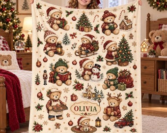 Personalized Teddy Bear Christmas Blanket,Custom Name Flannel Throw,Baby Holiday Gift,Nursery Decor,Christmas Keepsake,Cozy Winter Accent