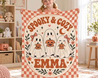 Coquette Halloween Flannel Blanket,Personalized Name Ghost Throw,Cute Bows and Pumpkins,Retro Checkerboard Decor,Cozy Gift for Teenage Girls