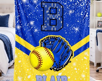 Softball Fan Blanket,Custom Name Initial Throw,Printed Sparkle Design,Ball and Glove Artwork,Personalized Christmas Gift for Girls and Teens