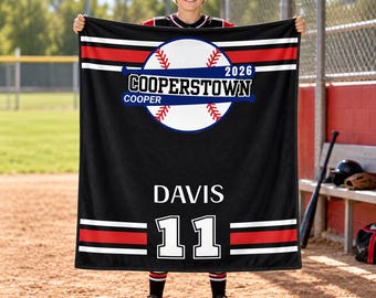 Personalized Cooperstown Player Blanket,Custom Name Number Flannel Throw,Baseball Tournament Gift,Team Keepsake,Youth Player Gift,Room Decor