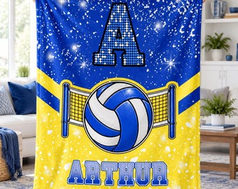Volleyball Fan Blanket,Custom Name Initial Throw,Printed Sparkle Design,Ball and Net Artwork,Personalized Christmas Gift for Teens & Adults