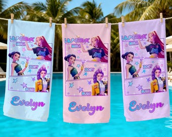 Custom Huntrix Girl Beach Towel,Personalized K-pop Demon Hunter Bath Towel,Anime Girl Art Towel,Summer Vacation Gift,Beach Gift for Kid