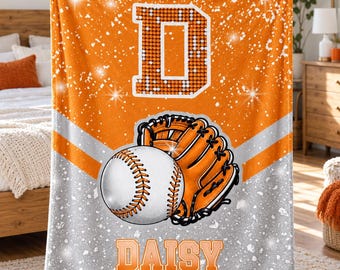 Baseball Fan Blanket,Custom Name Initial Throw,Printed Sparkle Design,Ball and Glove Artwork,Personalized Christmas Gift for Boys and Girls