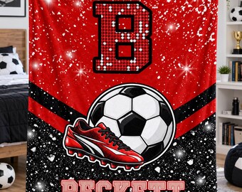 Soccer Fan Name Blanket,Personalized Initial Throw,Ball and Cleat Artwork,Printed Sparkle Design,Custom Christmas Gifts for Boys and Girls