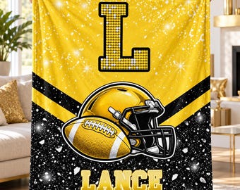 Football Fan Name Blanket,Personalized Initial Throw,Helmet Ball Artwork,Printed Sparkle Design,Custom Christmas Gift for Sports Enthusiasts