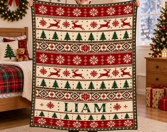 Personalized Reindeer Christmas Blanket,Custom Name Flannel Throw,Scandinavian Holiday Decor,Winter Gift,Nordic Keepsake,Cozy Cabin Accent
