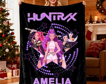 Personalized K-Pop Demon Hunters Blanket - Cute Anime-Inspired Cozy Throw, Custom Name Huntrix Design, Fun Gift for K-Pop & Anime Lovers