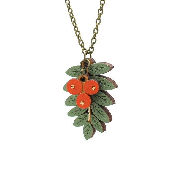 Rowan leaf and berries necklace - hand painted laser cut necklace