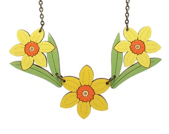 Spring daffodil necklace ~ hand-painted laser cut flower necklace