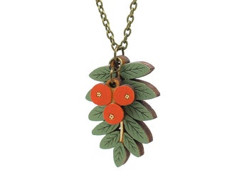 Rowan leaf and berries necklace - hand painted laser cut necklace