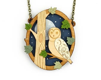 Lunar Owl Necklace -  Magical woodland full moon scene
